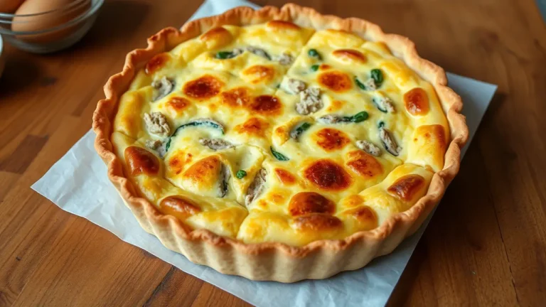 Recette quiche au thon sortie du four avec une croûte dorée et une garniture fondante.