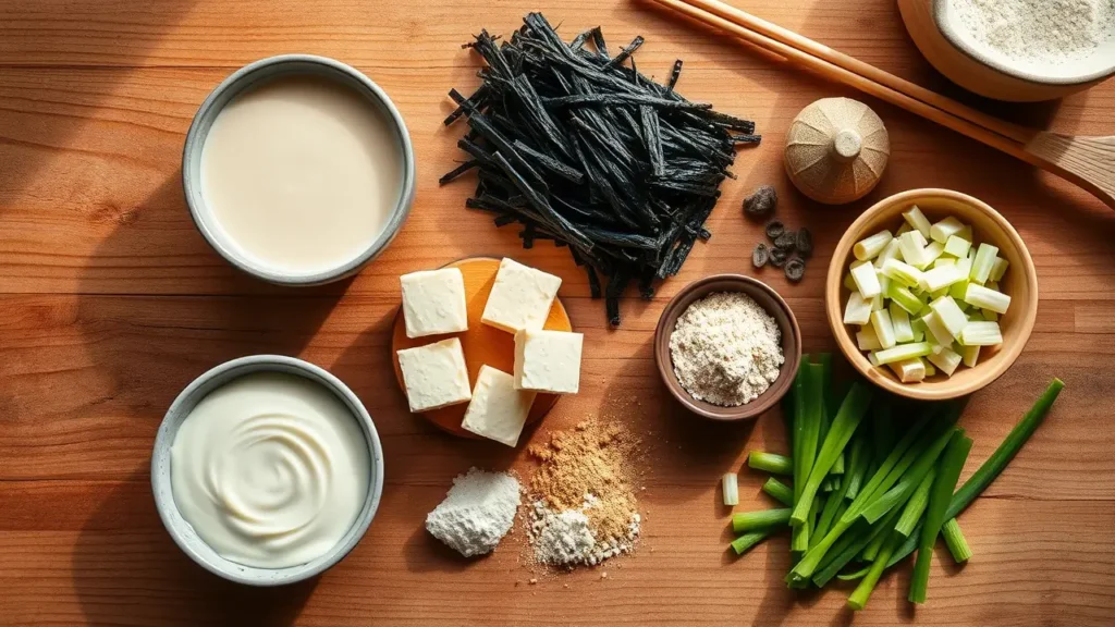 Ingrédients de la soupe miso : pâte miso, tofu, algues wakamé, bouillon dashi, ciboule.