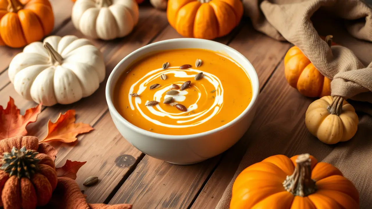 Bol de soupe de butternut onctueuse garni de crème et de graines