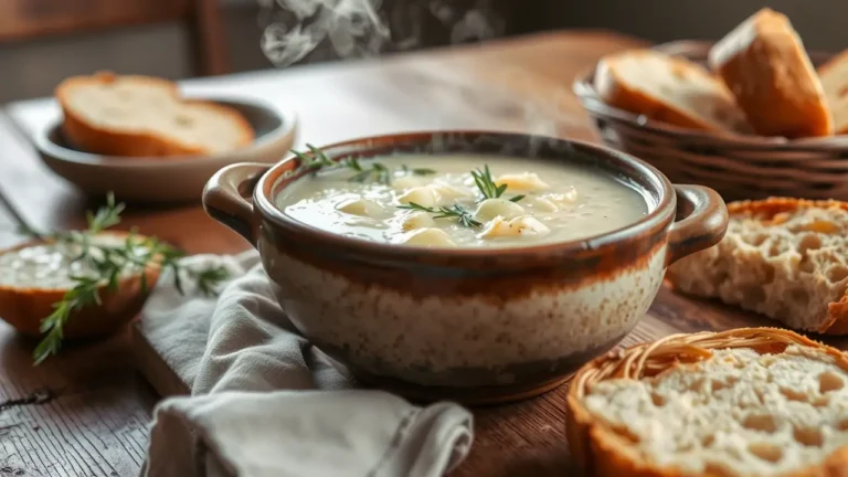 Bol de soupe poireaux pomme de terre chaude et crémeuse, servi avec du pain croustillant.