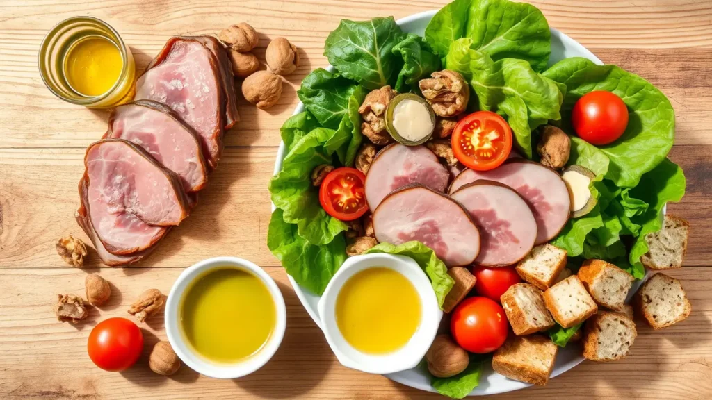 Ingrédients pour salade Périgourdine : magret, gésiers, foie gras, noix, salade, tomates, vinaigrette