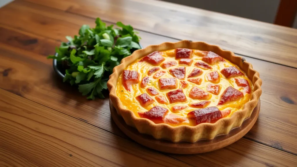 Quiche au saumon dorée et croustillante sortie du four, servie avec une salade verte