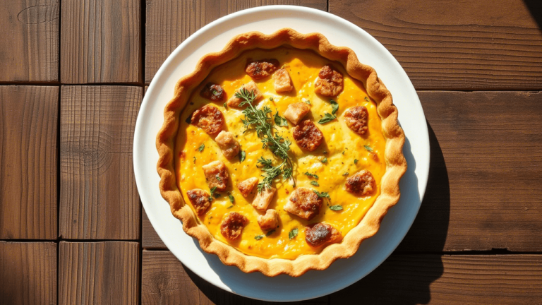 Quiche au thon dorée sortie du four, vue de dessus, servie dans une assiette blanche.