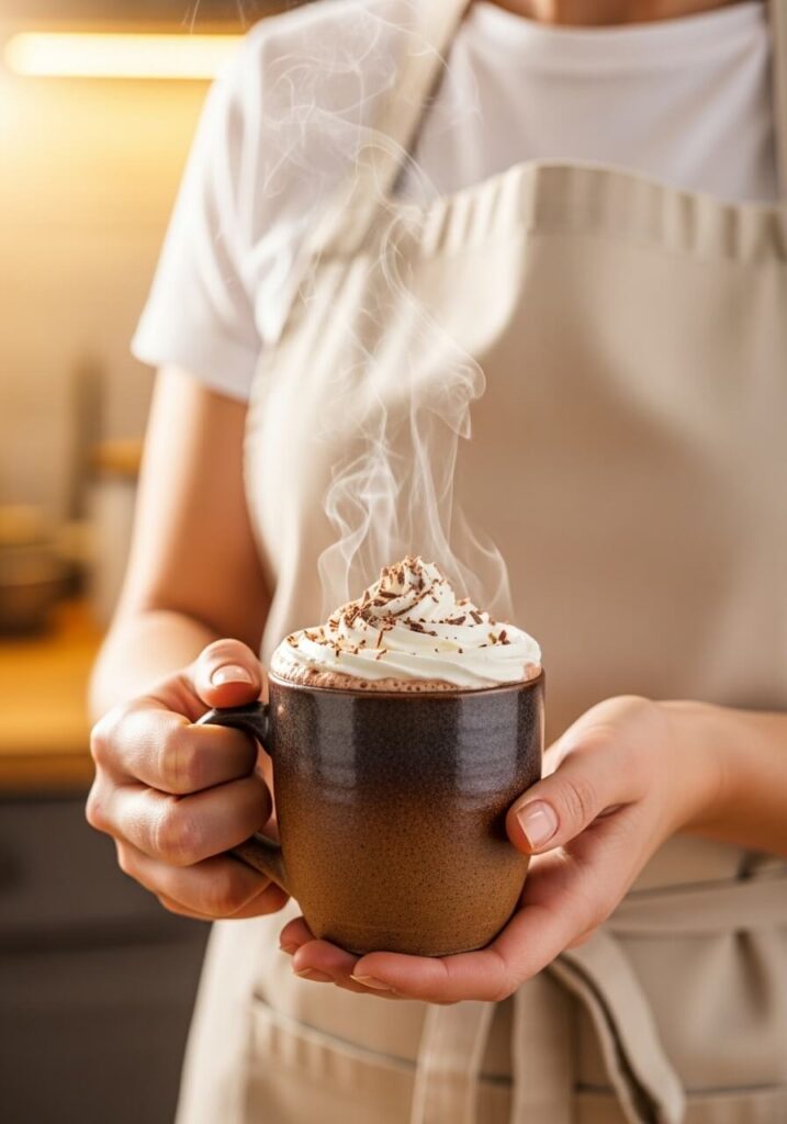 Femme chef présentant un chocolat chaud dans une tasse en céramique.