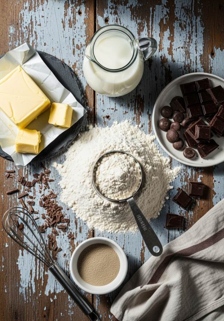 Ingrédients pour pain au chocolat disposés sur un plan de travail