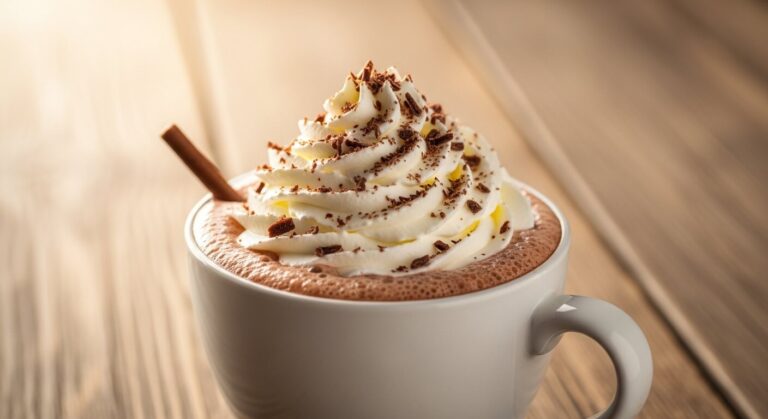 Chocolat chaud crémeux servi dans une tasse avec chantilly et éclats de chocolat.
