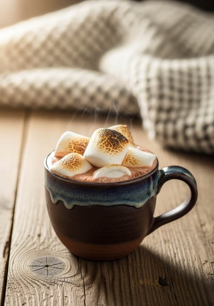 Chocolat chaud artisanal décoré de marshmallows fondants.