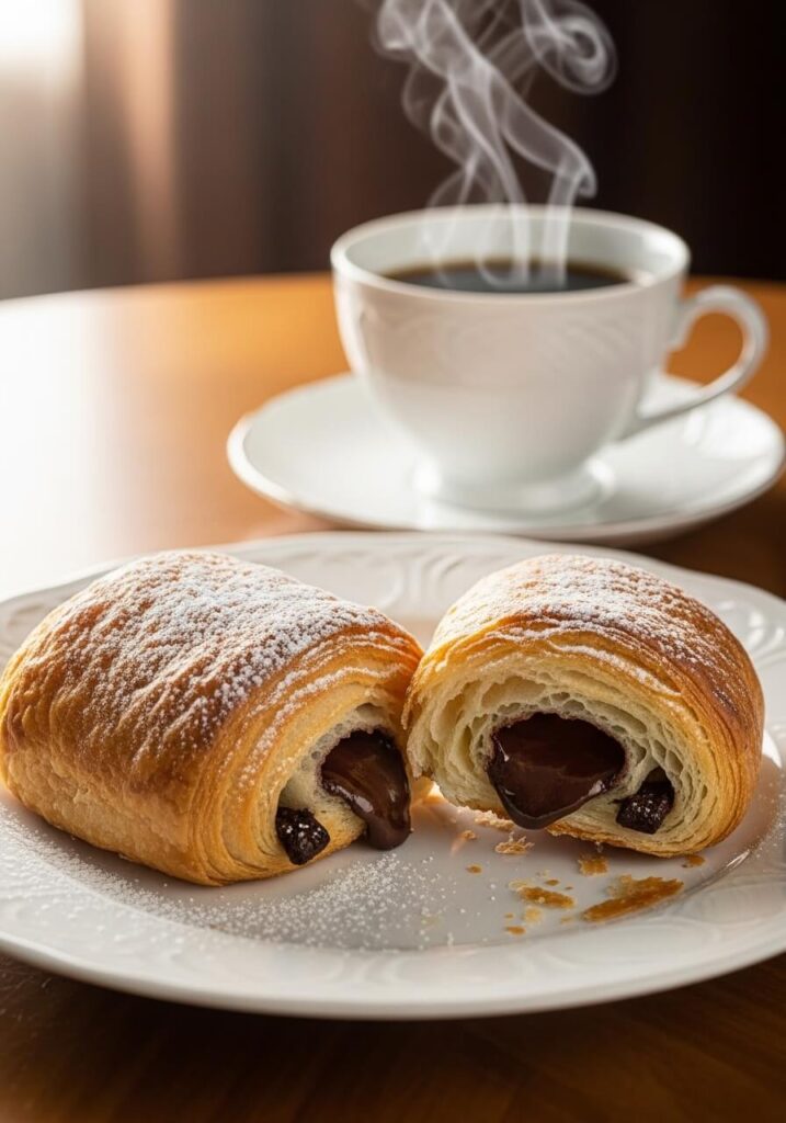 Pain au chocolat sur une assiette blanche avec un café