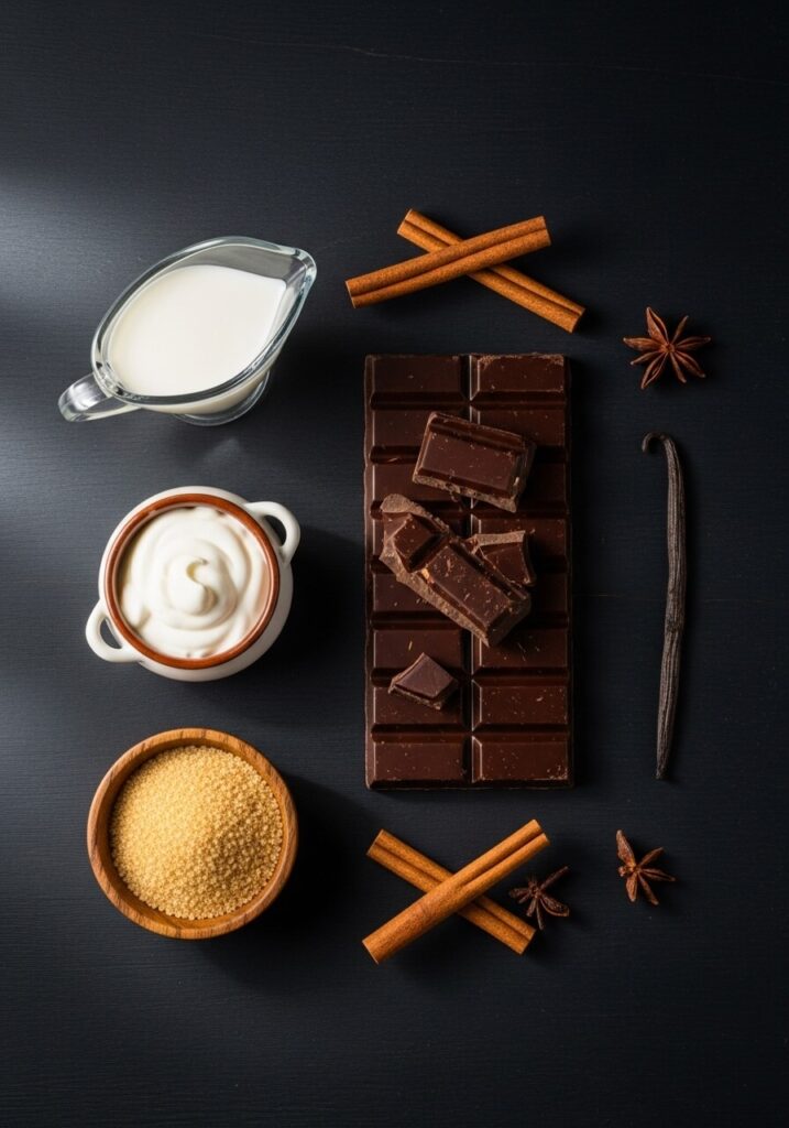 Ingrédients pour chocolat chaud : chocolat noir, lait, crème, sucre, épices.