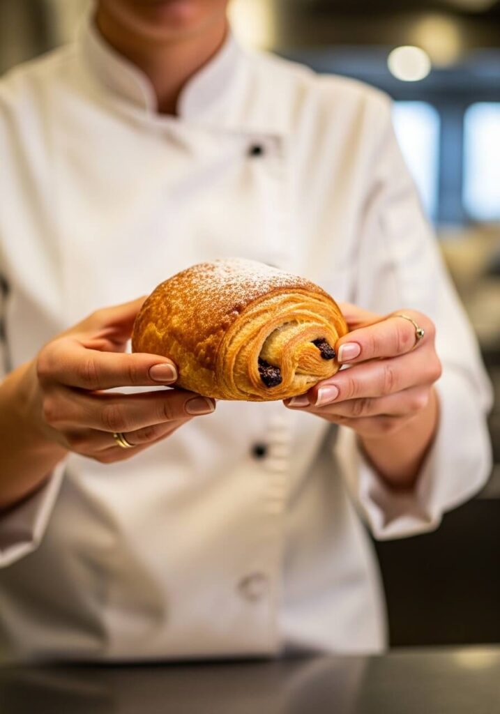 Femme chef présentant un pain au chocolat avec ses mains
