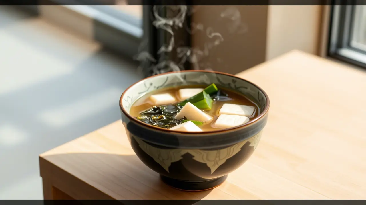 Bol de soupe miso fumante servi avec du tofu, des algues wakamé et de la ciboule.