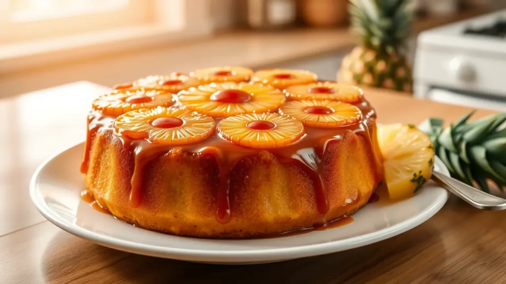 Gâteau ananas caramélisé sur une assiette blanche, présenté avec une tranche d'ananas et une cuillère.