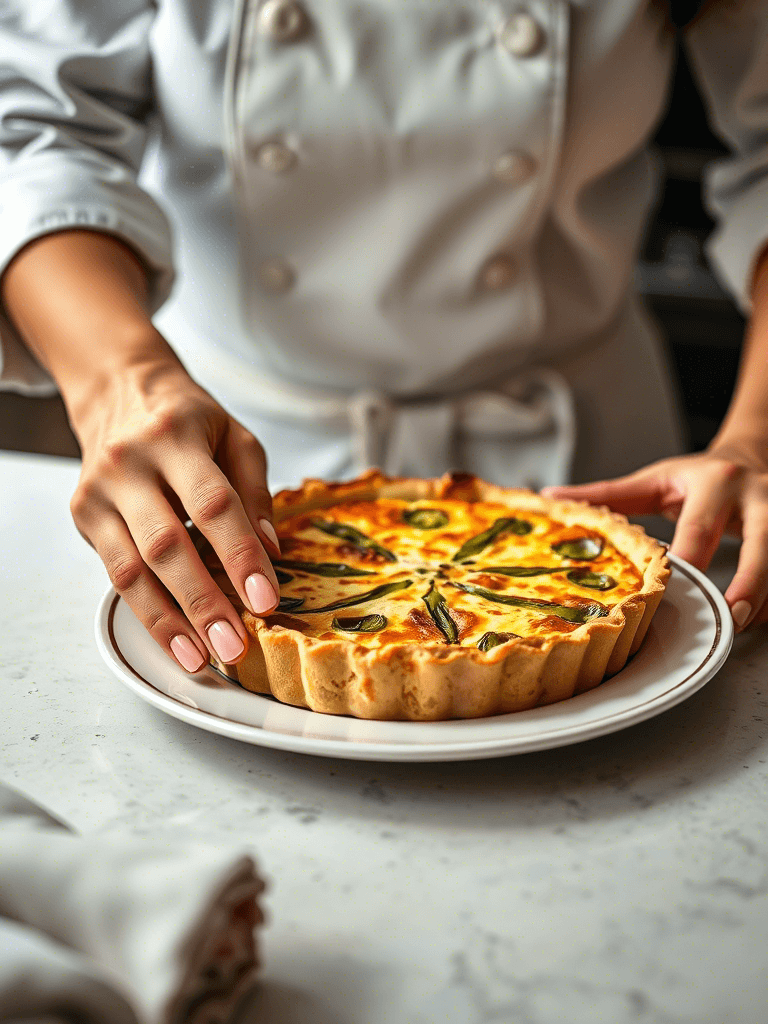 Mains d’une femme chef plaçant une quiche aux poireau sur un plat de service