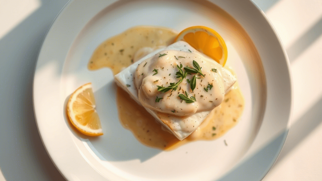 Assiette de poisson nappée de sauce pour poisson maison, présentée avec élégance.