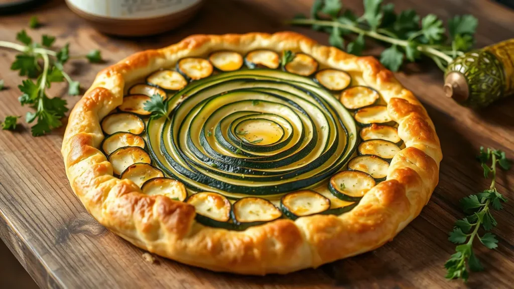 Tarte aux courgettes dorée sortie du four, garnie d’herbes fraîches.