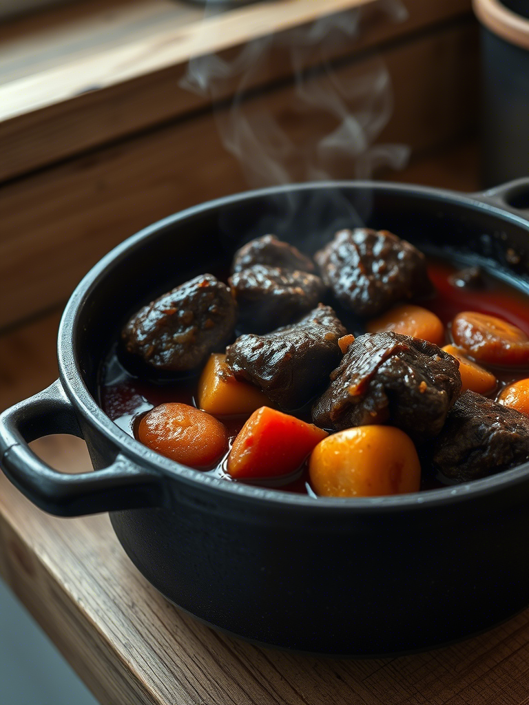 Joue de bœuf servie dans une cocotte en fonte avec garniture rustique