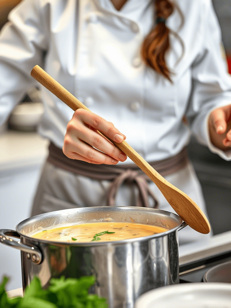 Une femme chef prépare une soupe poireaux dans une cuisine professionnelle