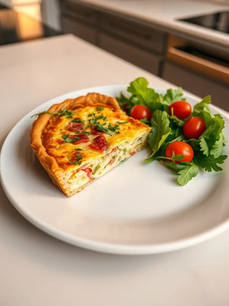 Part de quiche poireaux lardons servie avec une salade verte