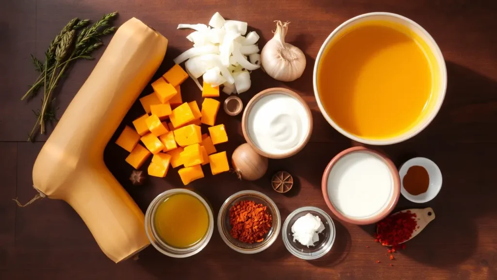 Ingrédients pour soupe butternut : courge butternut, oignon, ail, bouillon, crème, épices.