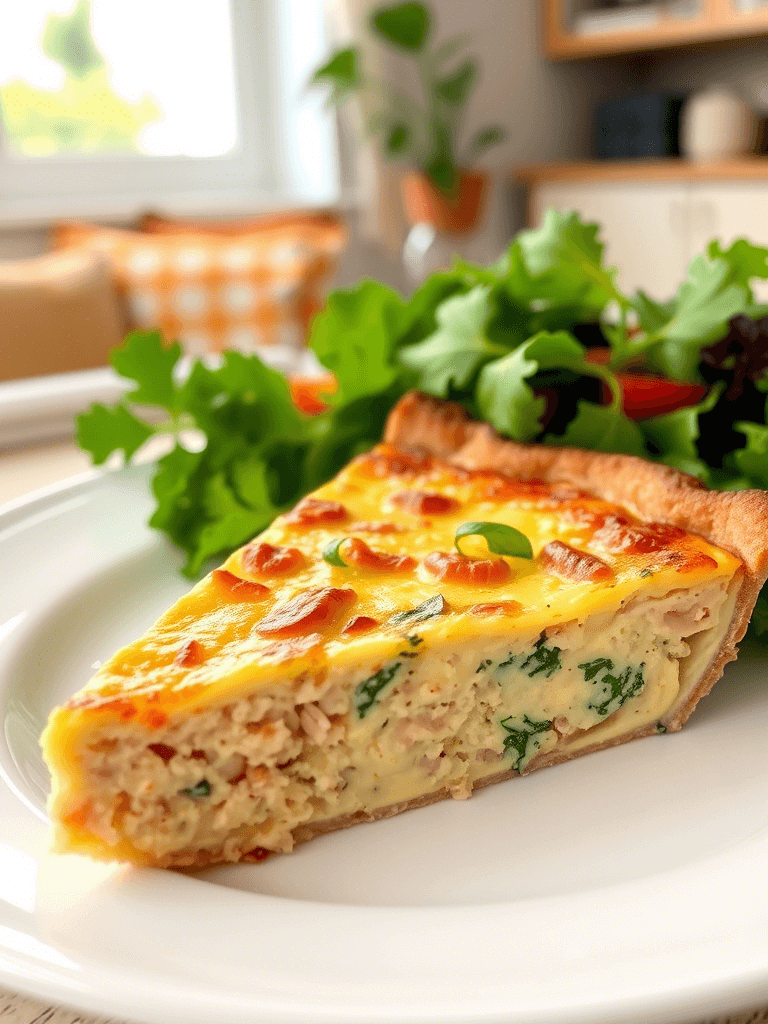 Part de quiche au thon servie sur une assiette, accompagnée d’une salade.
