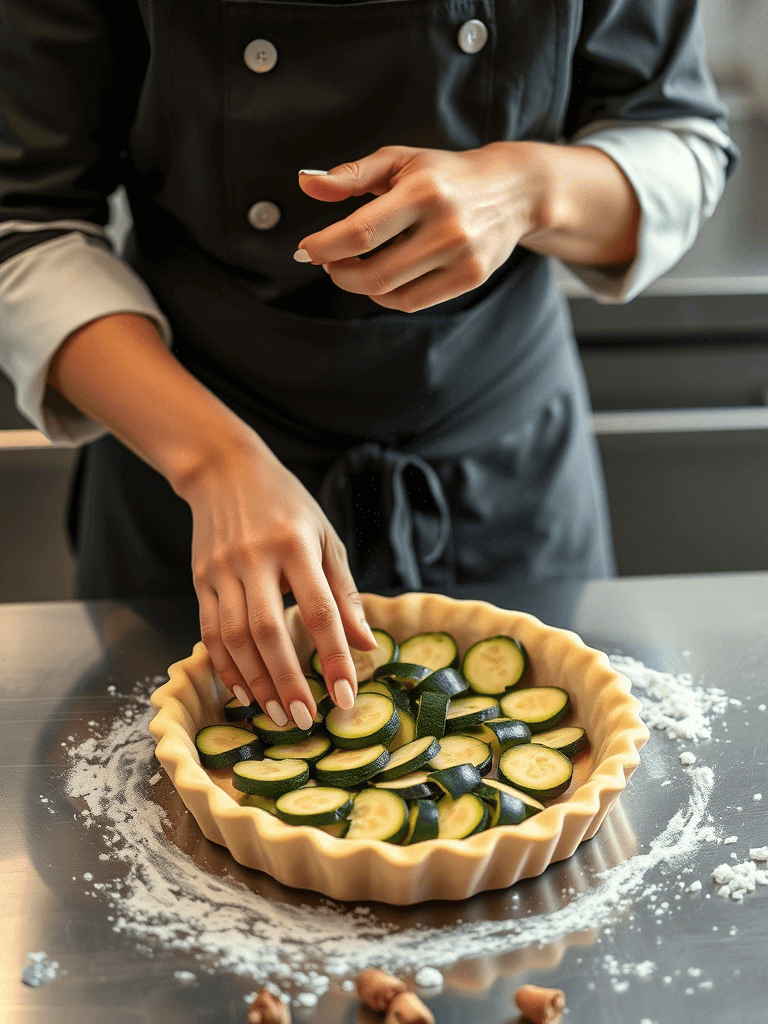 Une femme chef prépare une quiche courgette, les mains en train de garnir la pâte
