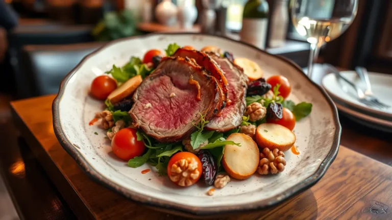 Salade Périgourdine avec magret de canard, gésiers, noix et toasts de foie gras dans une assiette rustique.