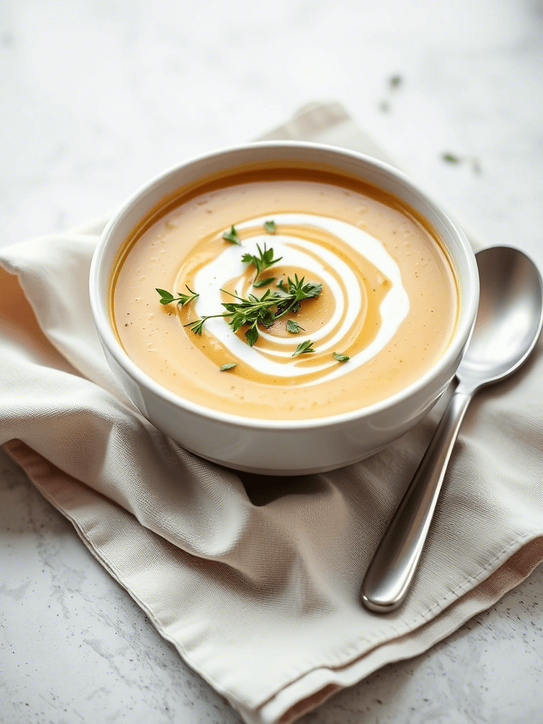 Bol de soupe poireaux crémeuse servi avec des croûtons dorés et des herbes fraîches