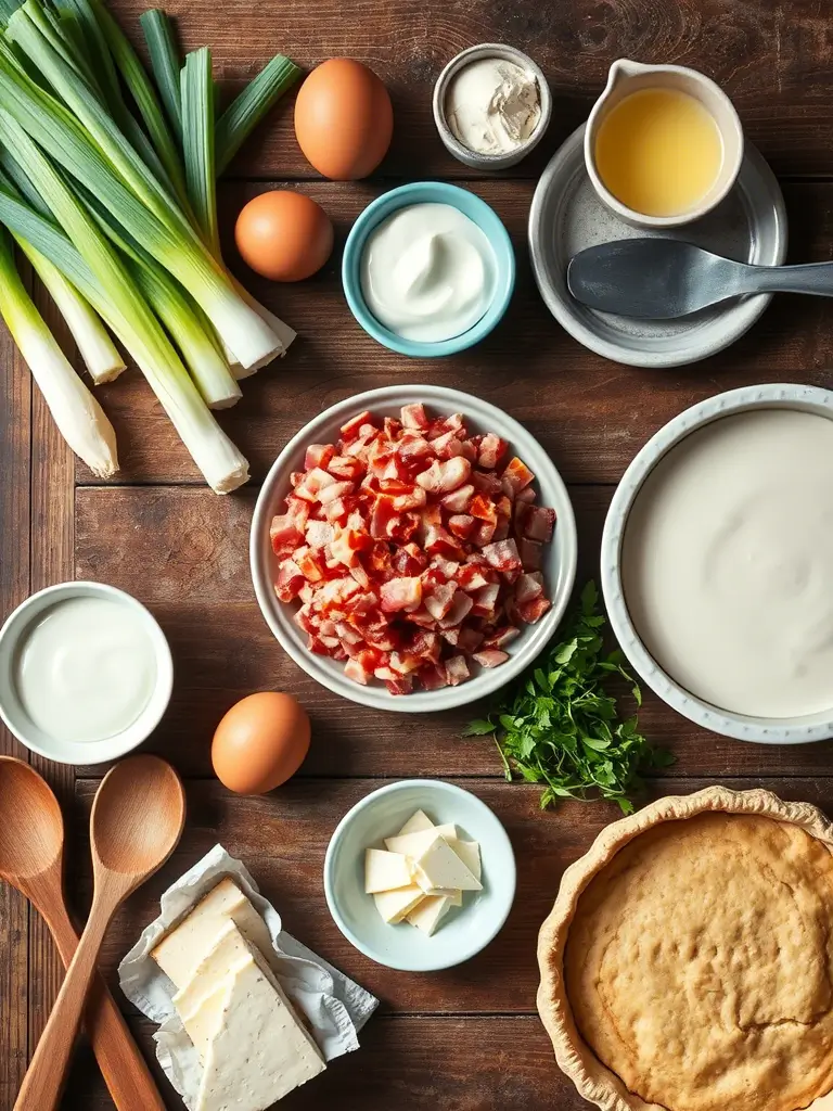 Ingrédients frais pour préparer une quiche poireaux lardons : poireaux, lardons, œufs, crème, pâte