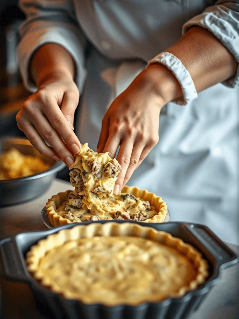 Femme chef en cuisine déposant la garniture de la quiche au thon dans un moule.