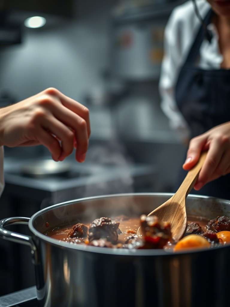 Mains d’une chef préparant une joue de bœuf mijotée dans une cocotte