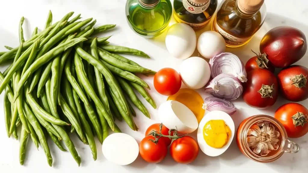 Ingrédients frais pour salade haricots verts : haricots, œufs, tomates, oignons, huile d’olive, moutarde