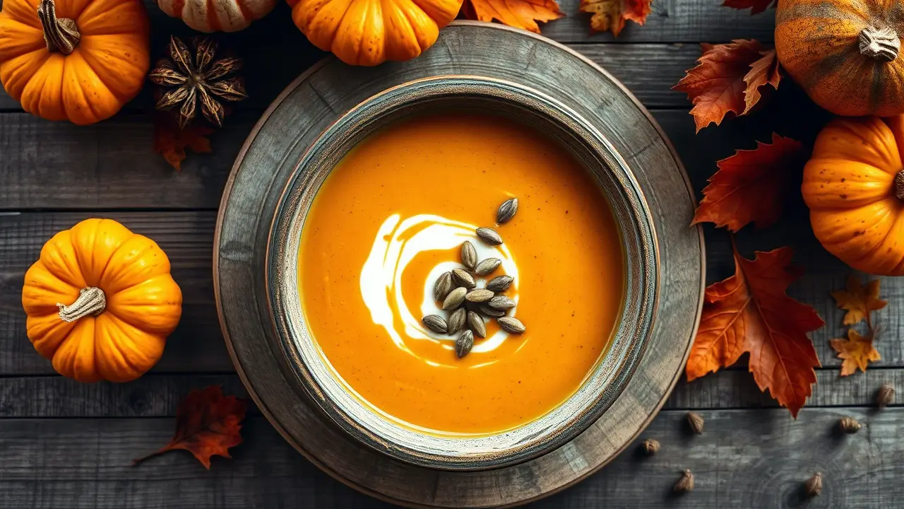 Bol de soupe potimarron crémeuse, servie chaude avec des graines de courge et un filet de crème.