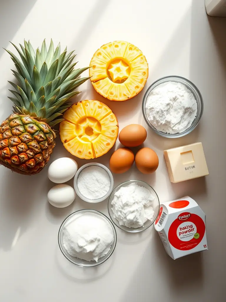 Ingrédients pour un gâteau ananas disposés sur un plan de travail : ananas, œufs, sucre, farine, beurre