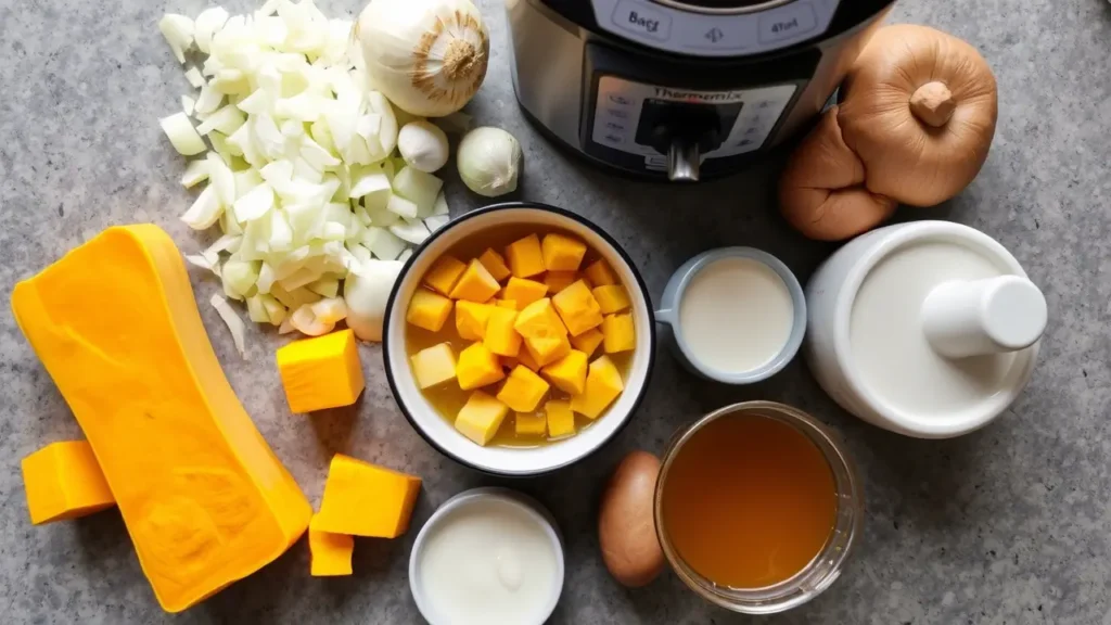 Ingrédients pour préparer une soupe butternut Thermomix : courge, oignon, pomme de terre, bouillon, crème.