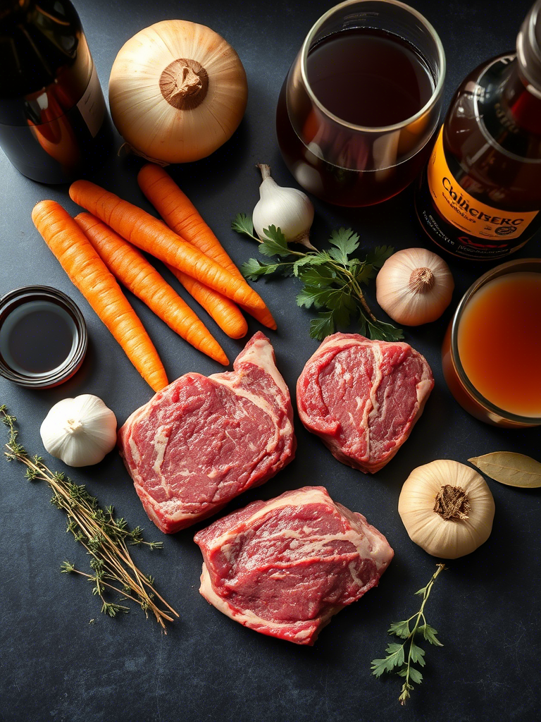 Ingrédients pour une recette de joue de bœuf : viande, légumes, herbes, vin rouge