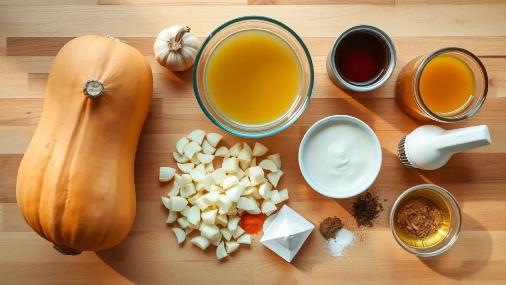Ingrédients frais pour préparer une soupe potimarron : potimarron, oignon, ail, bouillon, crème, épices.