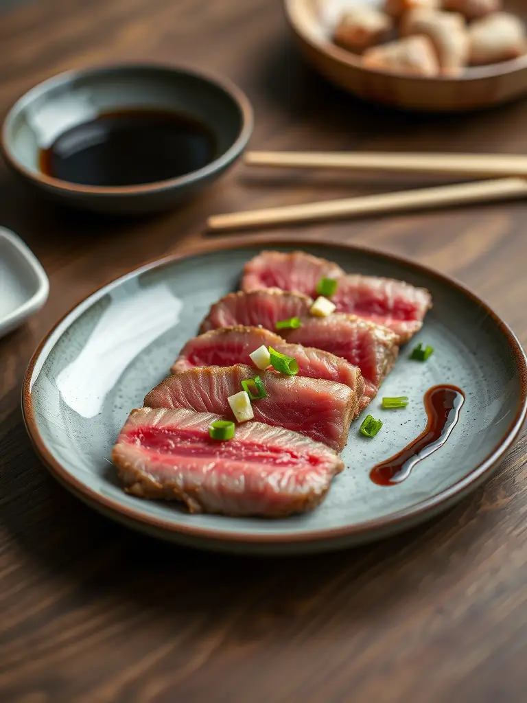 Tataki de bœuf revisité avec sésame, légumes croquants et sauce ponzu.