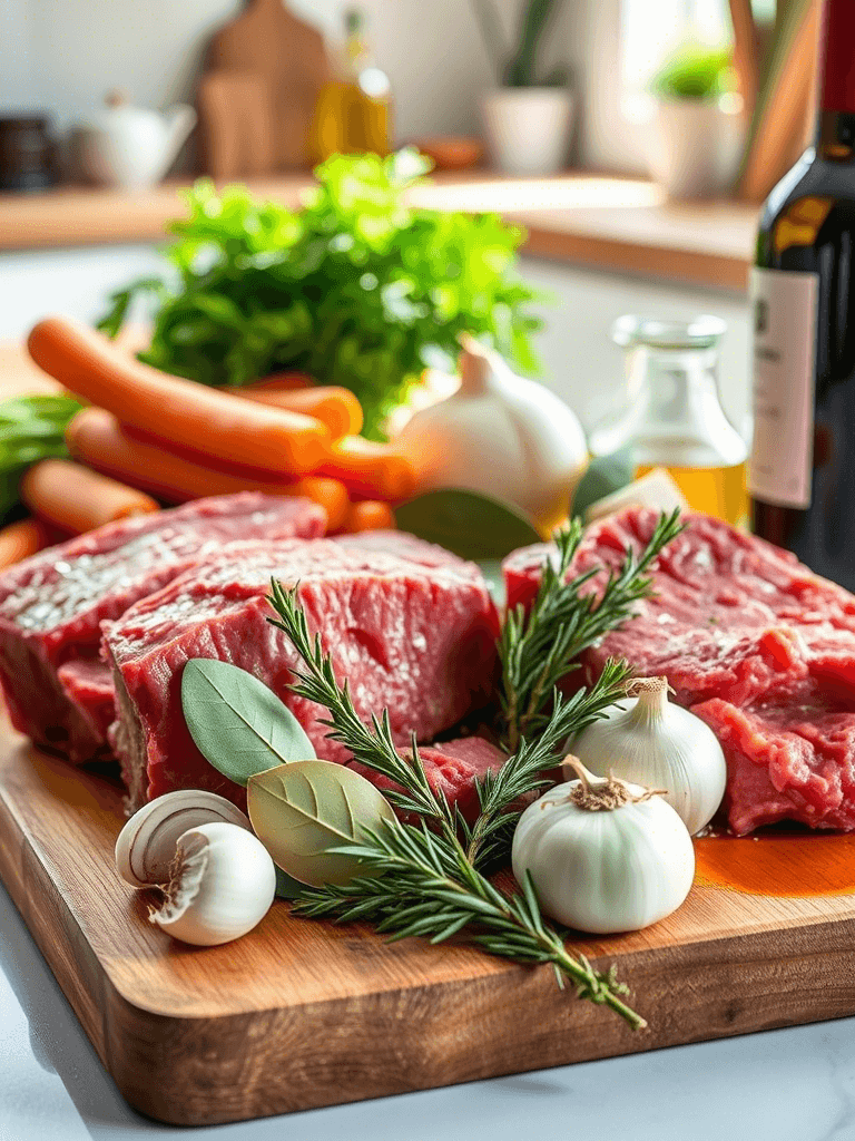 Ingrédients crus pour une Daube de bœuf : viande, vin rouge, carottes, oignons, herbes