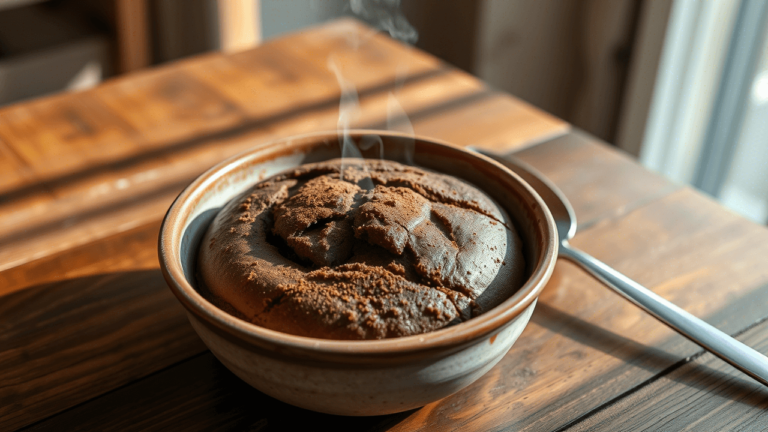Bowl Cake moelleux au cacao et à la banane, prêt à déguster.