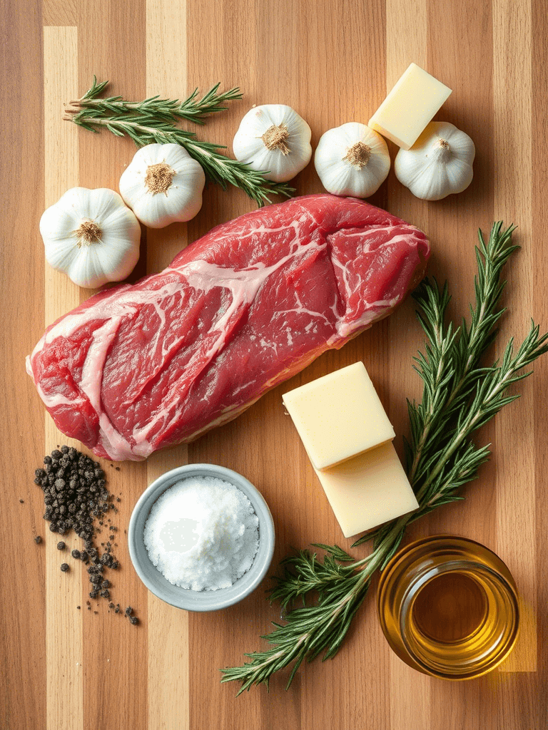 Ingrédients frais pour cuisiner un filet de bœuf : viande, herbes, beurre, ail, poivre, sel