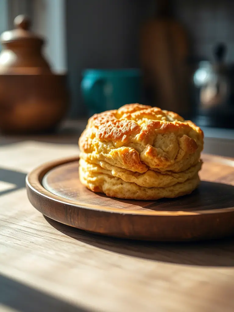 Biscuit doré croustillant parfaitement cuit sur une assiette en bois rustique.