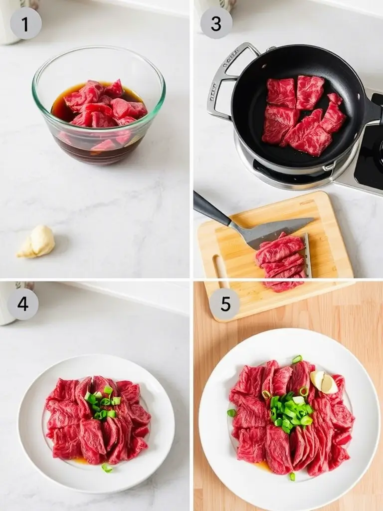 Étapes de préparation du Tataki de bœuf : marinade, saisie à la poêle, découpe en tranches fines.