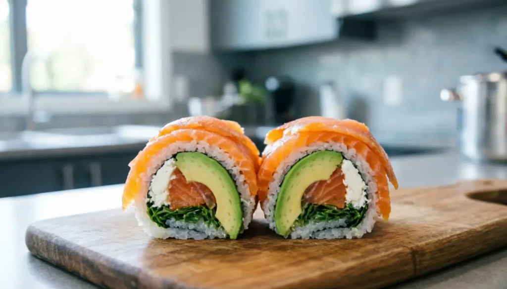 Wrap saumon garni d’avocat et fromage frais, coupé en deux sur une planche en bois.