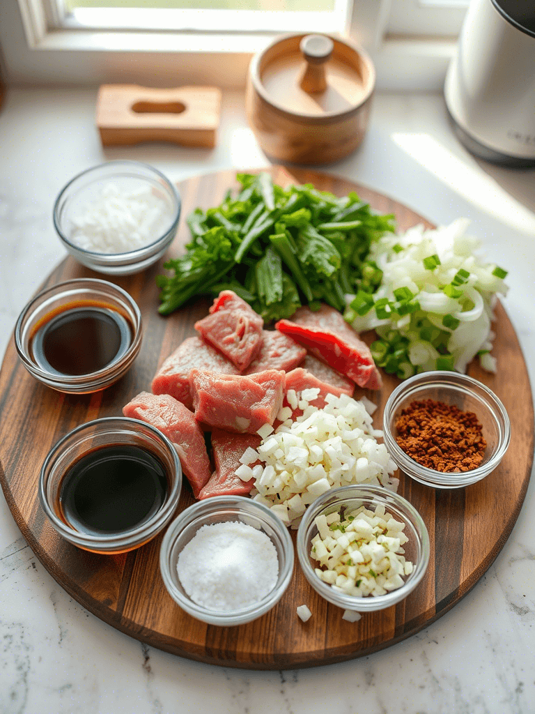 Ingrédients pour préparer un boeuf aux oignons sur une table en bois