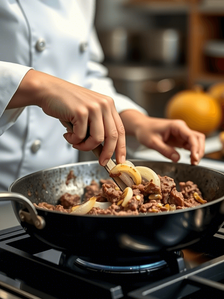Mains d’une femme chef cuisinant du boeuf aux oignons dans une poêle