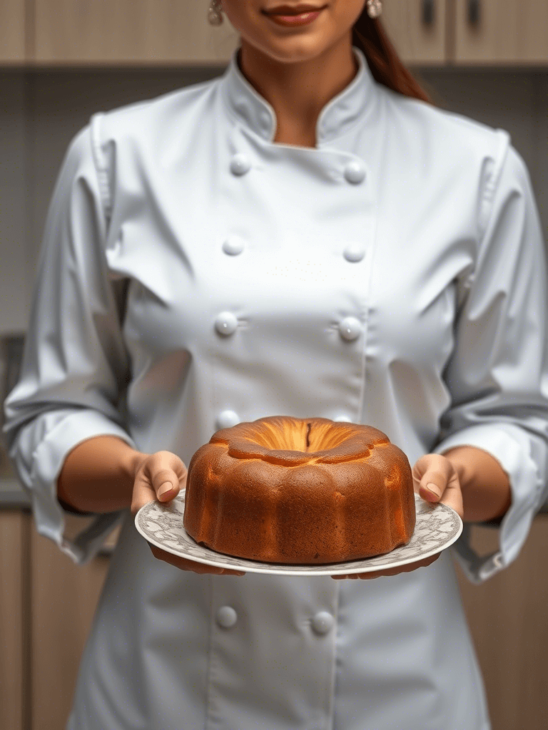 Cake aux pommes présenté avec élégance par une femme chef en tenue de cuisine, mains visibles.