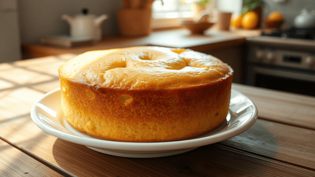 Cake Citron moelleux fraîchement cuit, présenté sur une assiette blanche