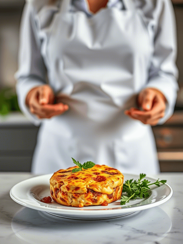 Femme chef tenant un plat de cake au chorizo, seules ses mains sont visibles