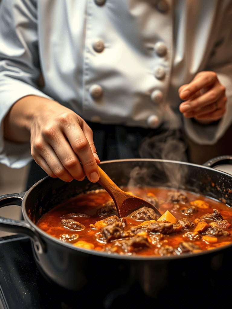Mains d’une femme chef en train de remuer une Daube de bœuf dans une cocotte