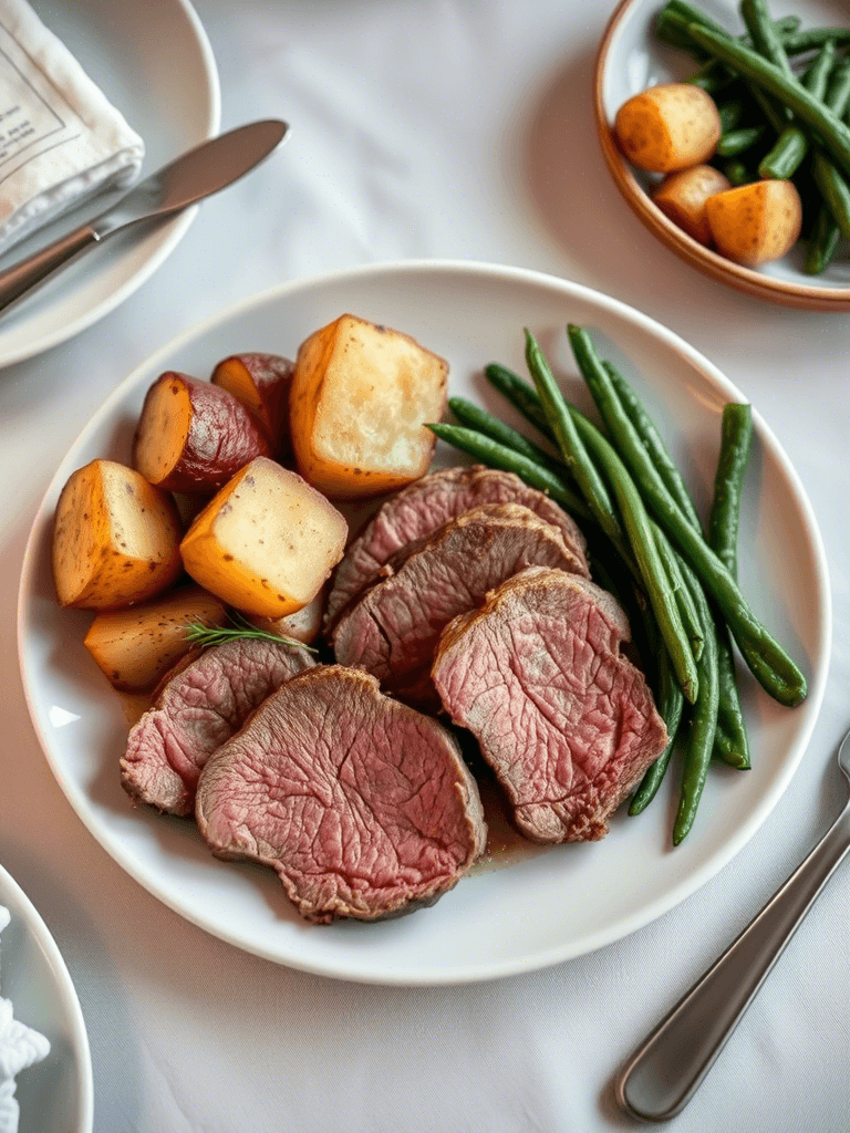 Assiette de rôti de bœuf avec légumes, cuisson idéale et homogène